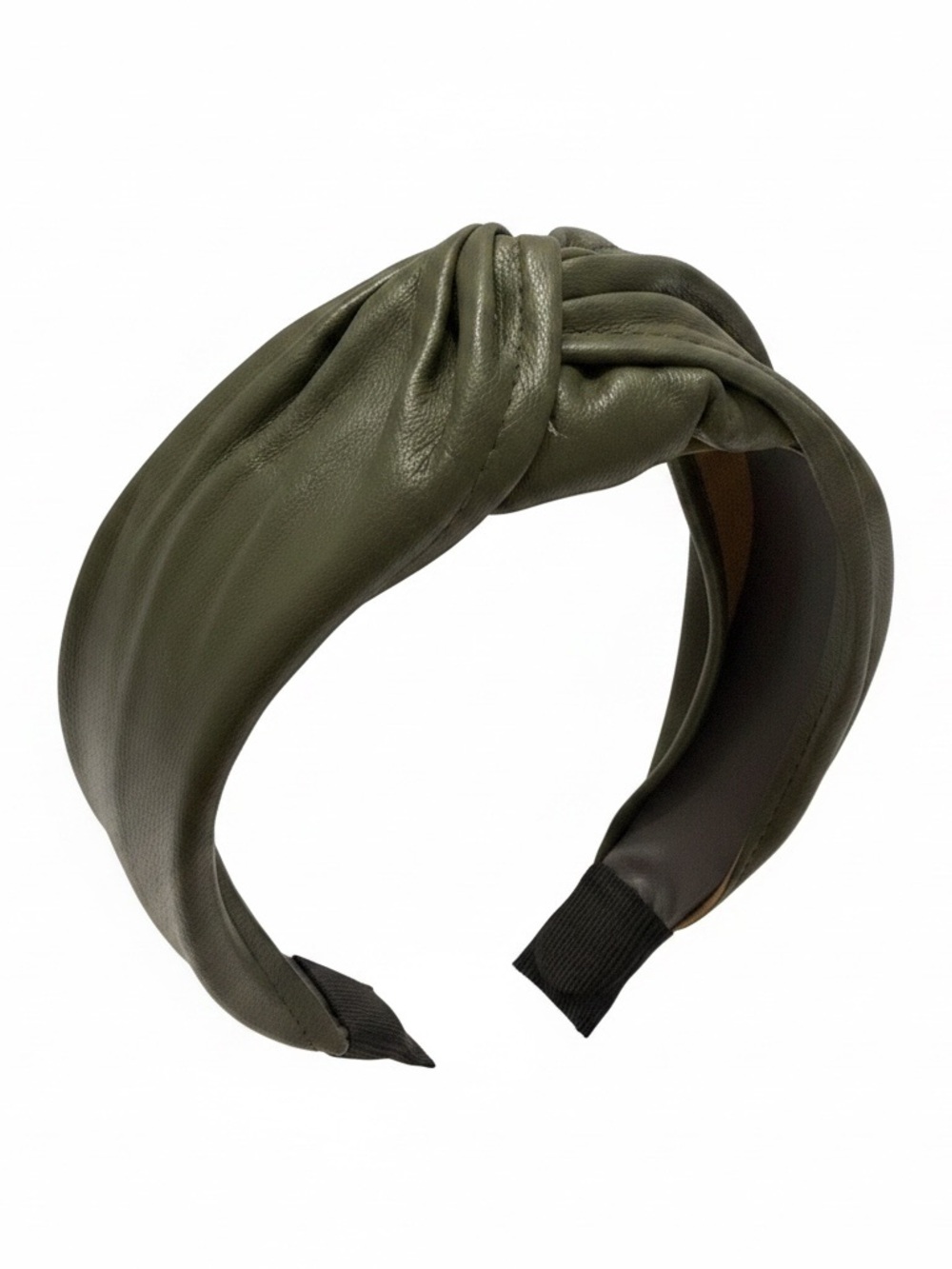 Knotted Faux Leather Headband in Olive Green